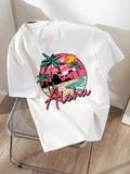 Women'WB shield Landscape & Letter Print Drop Shoulder Tee, Casual Short Sleeve Round Neck T-shirt for Spiky hair...