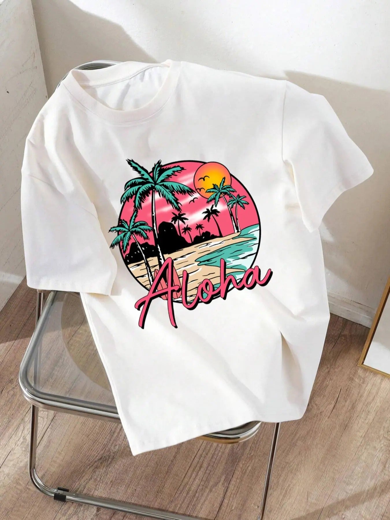 Women'WB shield Landscape & Letter Print Drop Shoulder Tee, Casual Short Sleeve Round Neck T-shirt for Spiky hair...