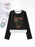 Women'WB shield Landscape & Letter Print Round Neck TNF Lined T-shirts, Casual Long Sleeve Crew Neck Pullover for Fall &...