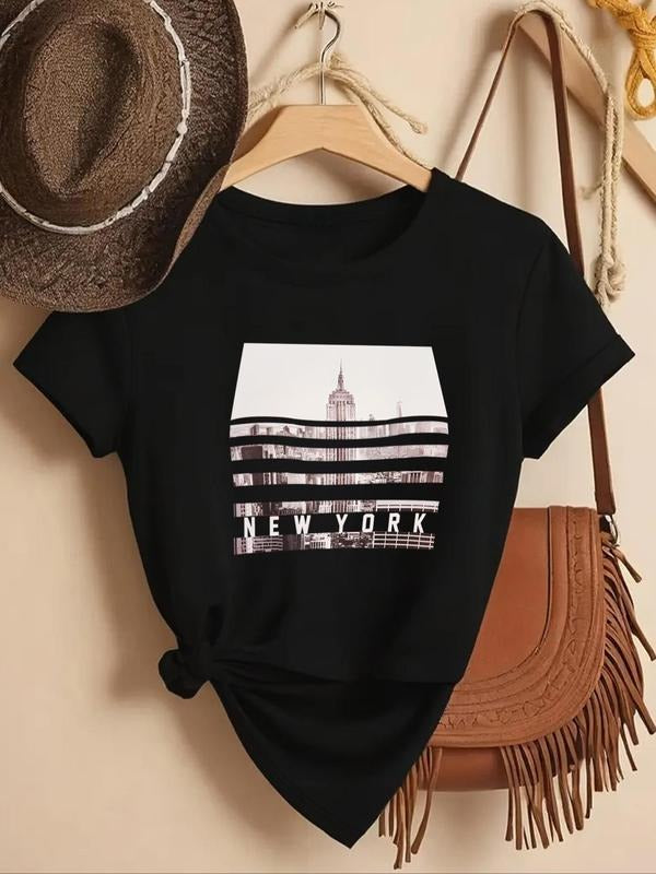 Women'WB shield Landscape & Letter Print Round Neck Tee, Casual Short Sleeve Crew Neck T-shirt for Daily Wear, Ladies TNF...