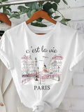 Women'WB shield Landscape & Letter Print Round Neck Tee, Casual Short Sleeve Crew Neck T-shirt for Daily Wear, Ladies TNF...