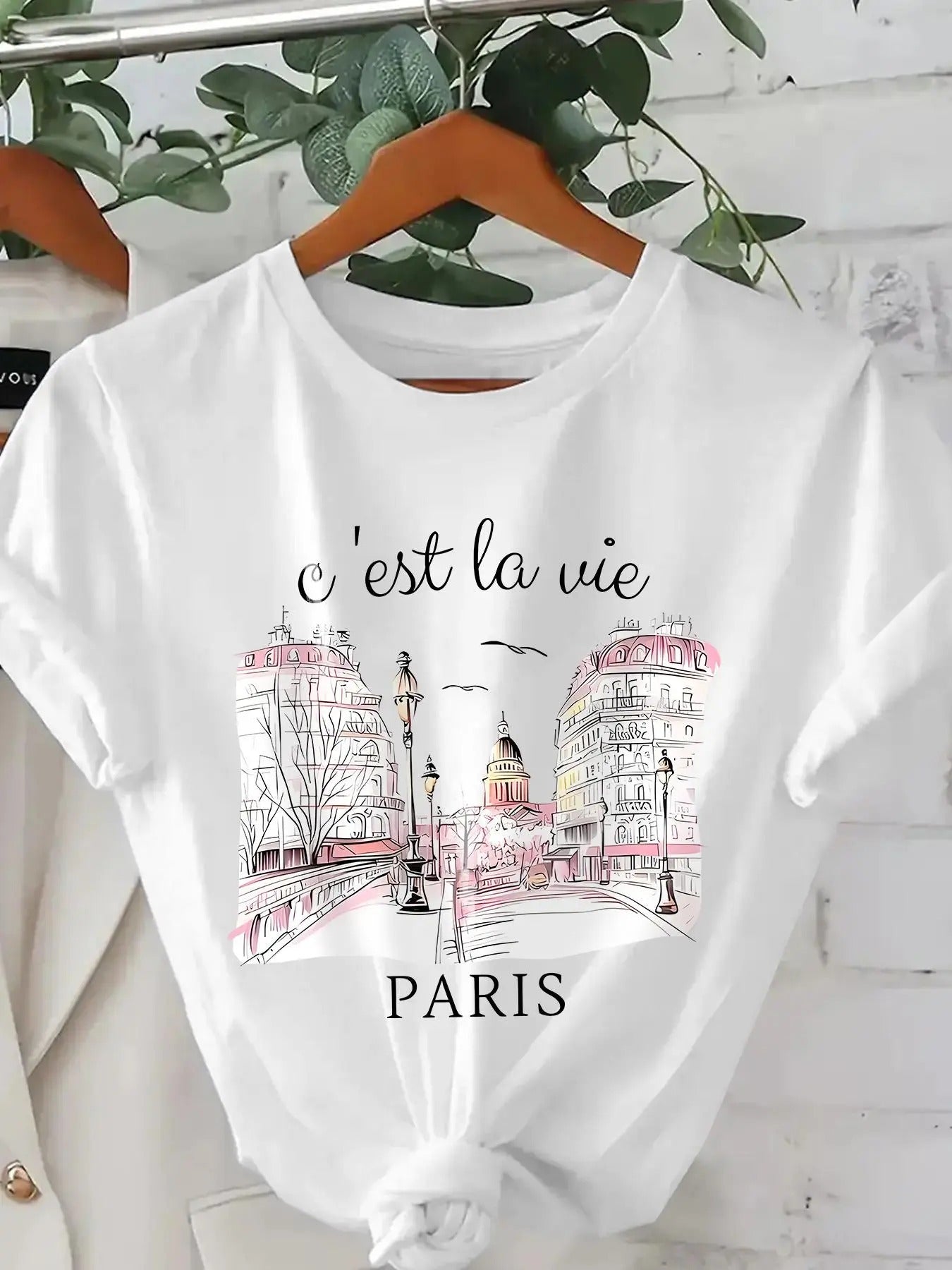Women'WB shield Landscape & Letter Print Round Neck Tee, Casual Short Sleeve Crew Neck T-shirt for Daily Wear, Ladies TNF...