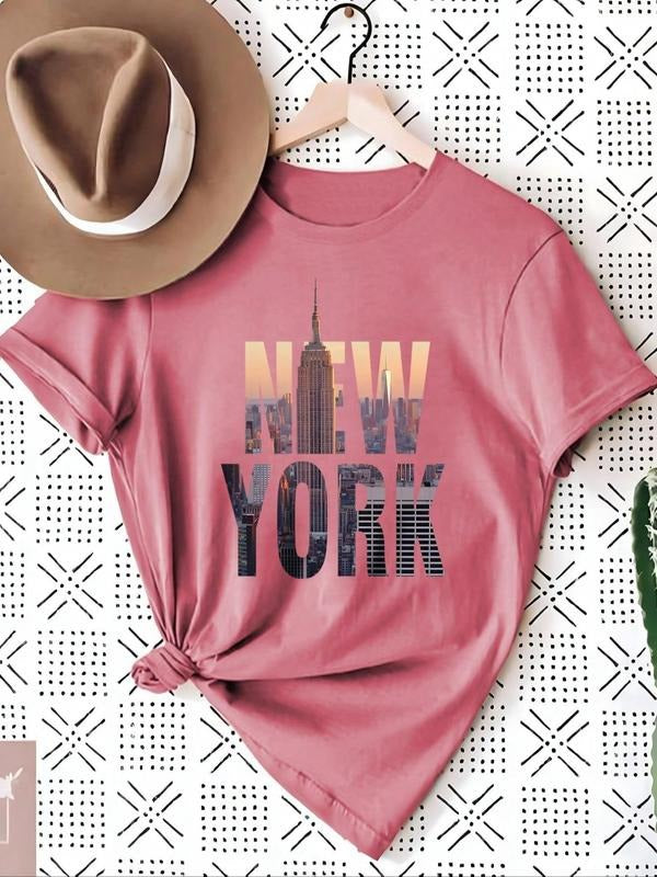 Women'WB shield Landscape & Letter Print Round Neck Tee, Casual Short Sleeve Crew Neck T-shirt for Summer, Fashion...