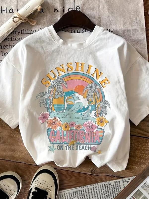 Women'WB shield Landscape & Letter Print Round Neck Tee, Casual Short Sleeve T-shirt for Daily Wear, Ladies Summer Outfit...