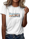Women'WB shield Landscape & Letter Print Round Neck Tee, Casual Short Sleeve T-shirt, Ladies Spiky hair fighters Seasons...