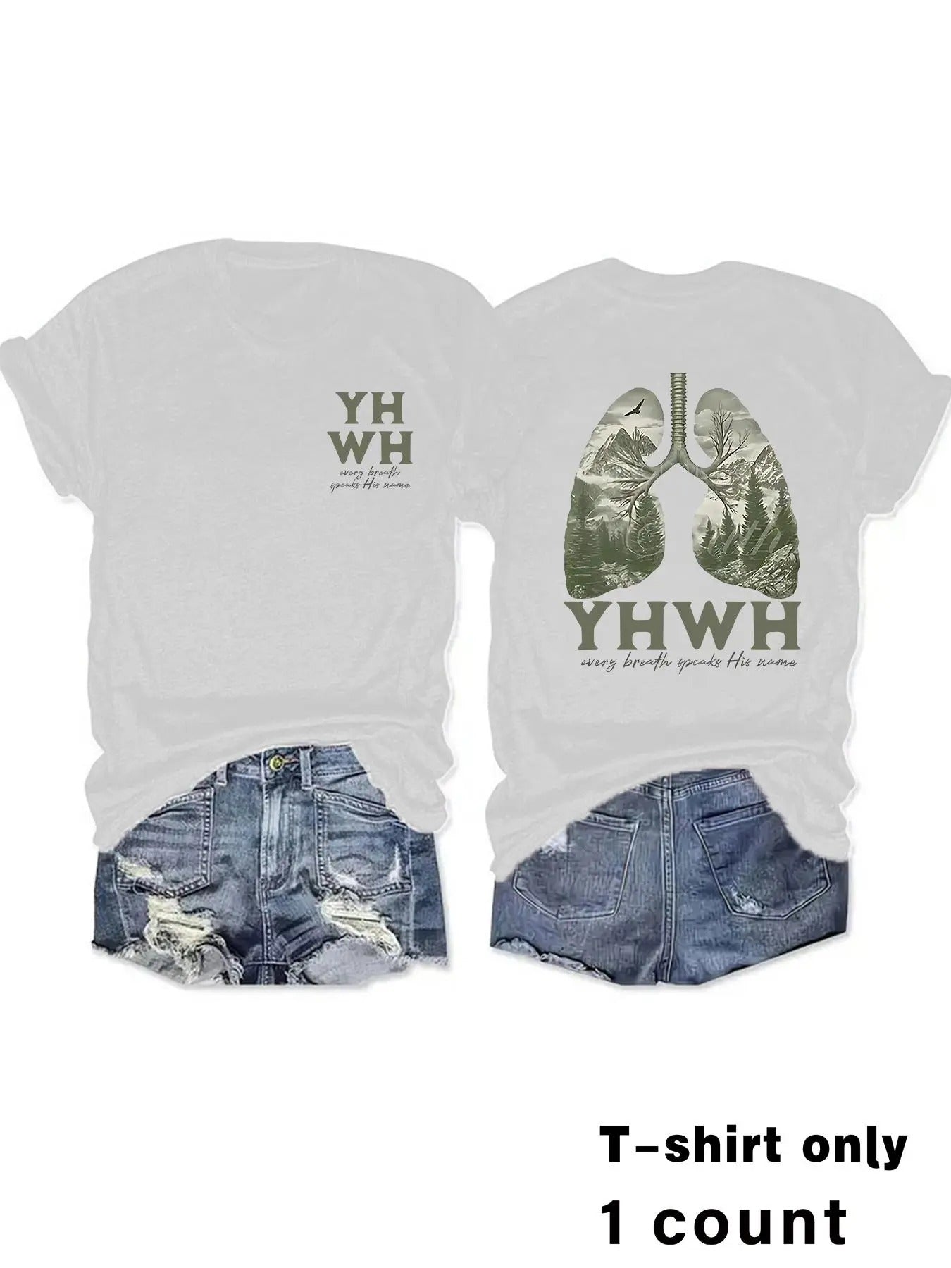Women'WB shield Landscape & Letter Print Round Neck Tee, Fashion Casual Crew Neck Short Sleeve T-shirt for Daily Holiday...