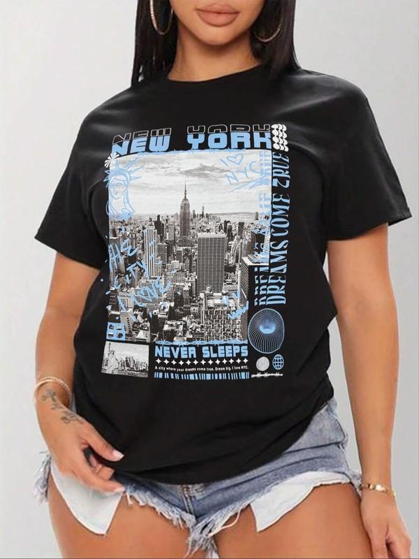 Women'WB shield Landscape & Letter Print Round Neck Tee, Fashion Casual Crew Neck Short Sleeve T-shirt for Daily Holiday...
