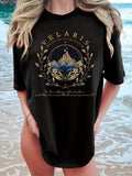 Women'WB shield Landscape & Letter Print Round Neck Tee, Fashion Casual Crew Neck T-shirt for Daily Holiday Vacation...
