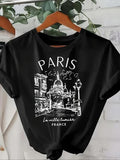 Women'WB shield Landscape & Letter Print Round Neck Tee, Trendy Casual Short Sleeve Graphic T-Shirt for Daily Wear,...