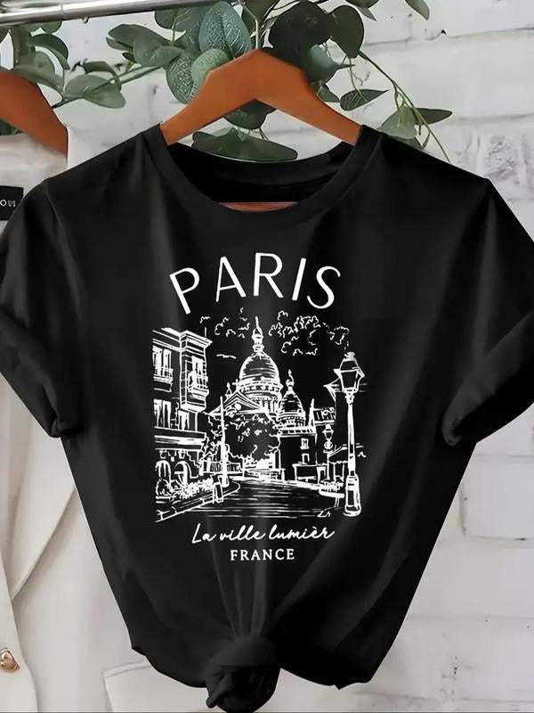 Women'WB shield Landscape & Letter Print Round Neck Tee, Trendy Casual Short Sleeve Graphic T-Shirt for Daily Wear,...