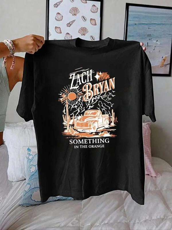 Women'WB shield Landscape & Letter Print Round Neck Tee, Vintage Trendy Casual Short Sleeve T-shirt for Daily Wear,...