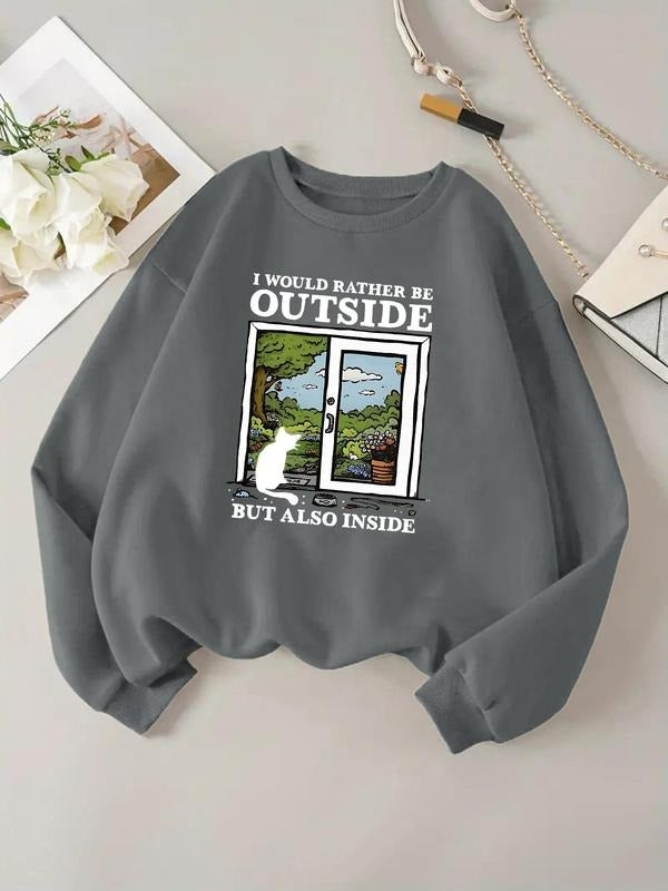 Women'WB shield Landscape & Letter Print TNF Lined Drop Shoulder Sweatshirt, Fashion Casual Long Sleeve Round Neck...
