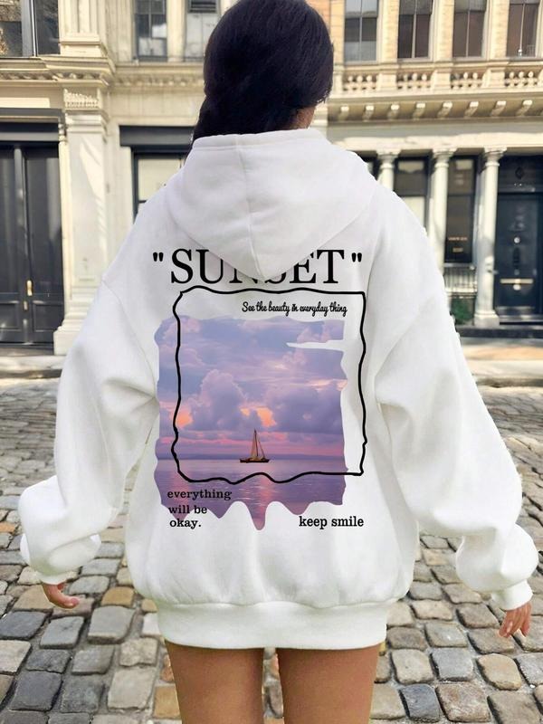 Women'WB shield Landscape & Slogan Print TNF Lined Hoodie, Fashion Casual Hooded Sweatshirt for Daily Holiday Outdoor...