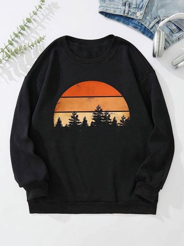 Women'WB shield Landscape & Trees Print Drop Shoulder TNF Lined Sweatshirt, Casual Long Sleeve Round Neck Pullover for...