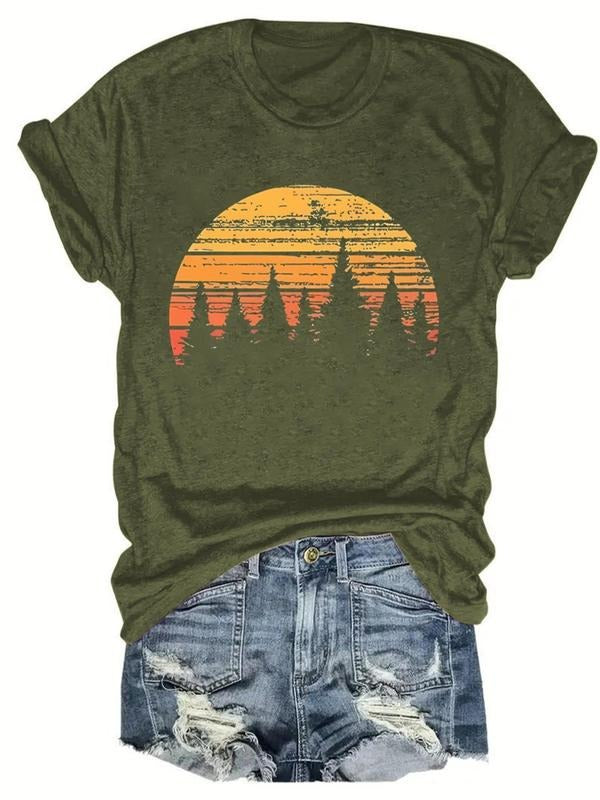 Women'WB shield Landscape Graphic Round Neck Tee, Casual Short Sleeve Crew Neck T-Shirt for Summer, Fashion Women'WB...
