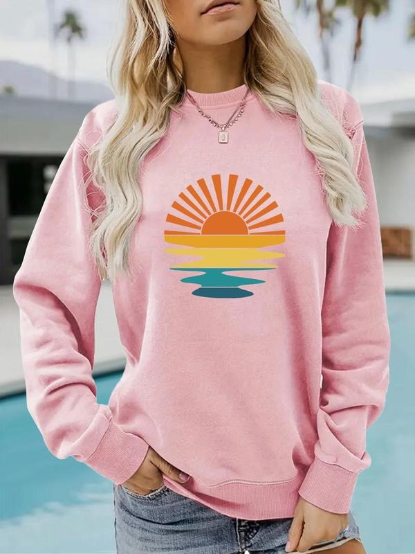 Women'WB shield Landscape Print Crew Neck Pullover, Casual Long Sleeve Sweatshirt for Spring, Fashion Women'WB shield Top...