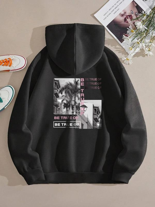 Women'WB shield Landscape Print Drop Shoulder Hoodie, Fashion Casual Drawstring Pocket Hooded Sweatshirt for Daily...