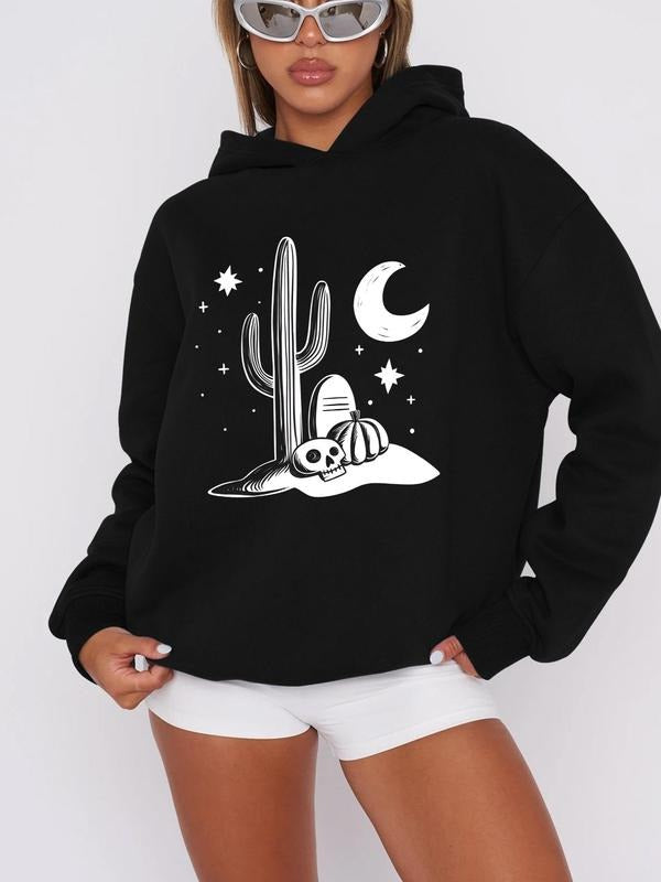 Women'WB shield Landscape Print Drop Shoulder Hoodie, Fashion Casual Long Sleeve Hooded Sweatshirt for Daily Holiday...