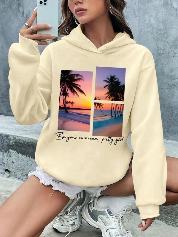 Women'WB shield Landscape Print Drop Shoulder Hoodie, Fashion Casual Long Sleeve Hooded Sweatshirt for Daily Holiday...