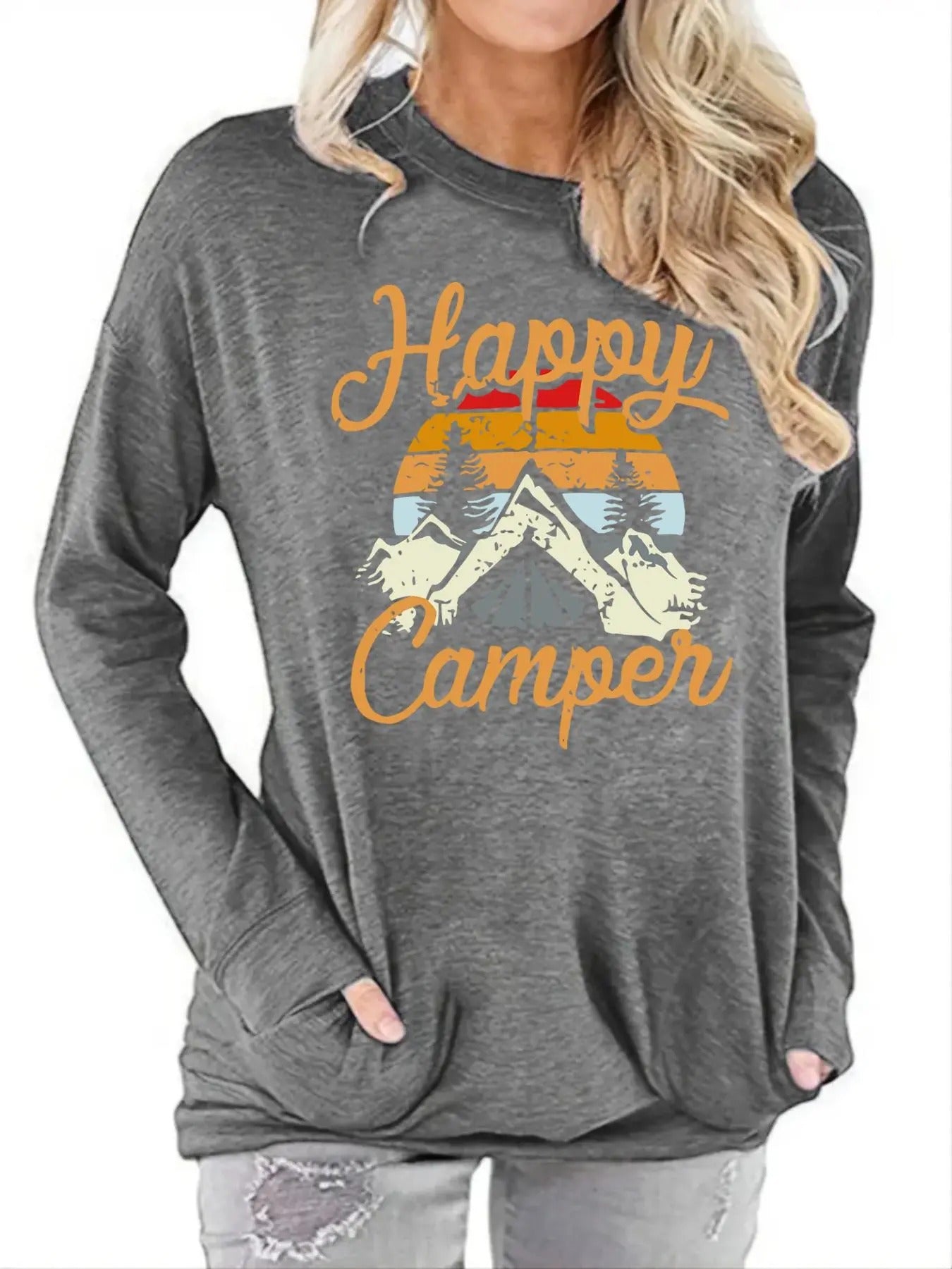 Women'WB shield Landscape Print Drop Shoulder Tee, Casual Letter Graphic Long Sleeve Round Neck T-Shirt for Spring &...