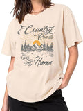 Women'WB shield Landscape Print Round Neck Graphic Tee, Vintage Trendy Casual Drop Shoulder Half Sleeve T-shirt for Daily...