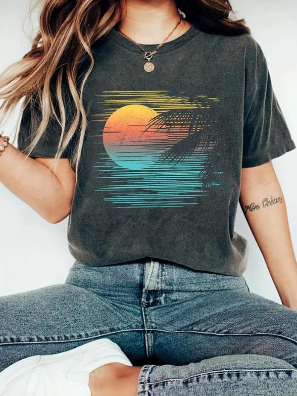 Women'WB shield Landscape Print Round Neck Tee, Casual Fashion Short Sleeve T-shirt for Summer, Ladies TNF for Daily Wear...