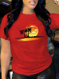 Women'WB shield Landscape Print Round Neck Tee, Casual Short Sleeve Crew Neck T-shirt for Daily Wear, Ladies TNF for...