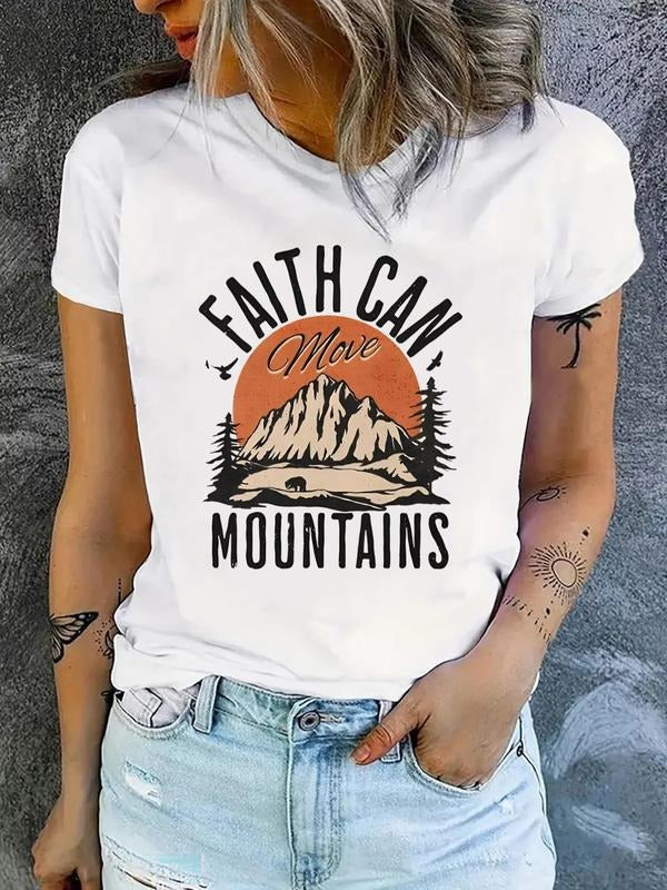 Women'WB shield Landscape Print Round Neck Tee, Casual Short Sleeve Crew Neck T-shirt for Daily Wear, Ladies TNF for...