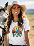 Women'WB shield Landscape Print Round Neck Tee, Letter Graphic Short Sleeve T-Shirt for Daily Wear, Casual Top for Spiky...