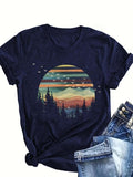 Women'WB shield Landscape Print Round Neck Tee, Trendy Casual Crew Neck Short Sleeve T-shirt for Daily Wear, Ladies...