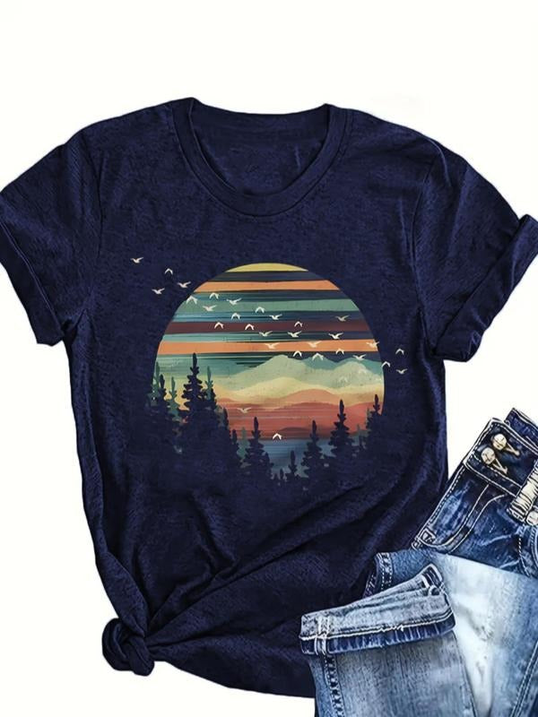 Women'WB shield Landscape Print Round Neck Tee, Trendy Casual Crew Neck Short Sleeve T-shirt for Daily Wear, Ladies...