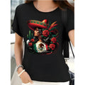 Women'WB shield Latino Floral Print Short Sleeve T-Shirt Vibrant Mexican-Inspired Design with Cacti & Sombreros, Casual...