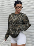 Women'WB shield Leaf & Branch Print Drop Shoulder Sweatshirt, Casual Long Sleeve Round Neck Pullover for Fall, Women'WB...