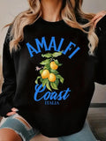 Women'WB shield Lemon & Letter Print Crew Neck Sweatshirt, Casual Long Sleeve Pullover for Fall & Winter, Women'WB shield...