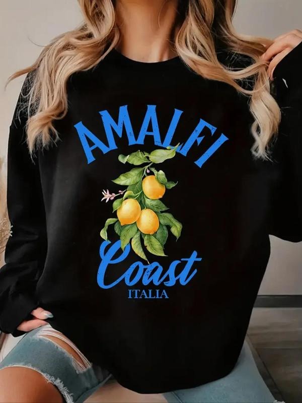 Women'WB shield Lemon & Letter Print Crew Neck Sweatshirt, Casual Long Sleeve Pullover for Fall & Winter, Women'WB shield...