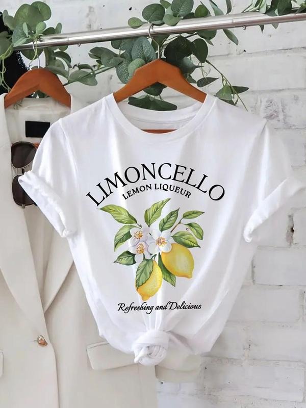 Women'WB shield Lemon & Letter Print Round Neck Tee, Casual Short Sleeve Crew Neck T-Shirt for Daily Wear, Ladies TNF for...