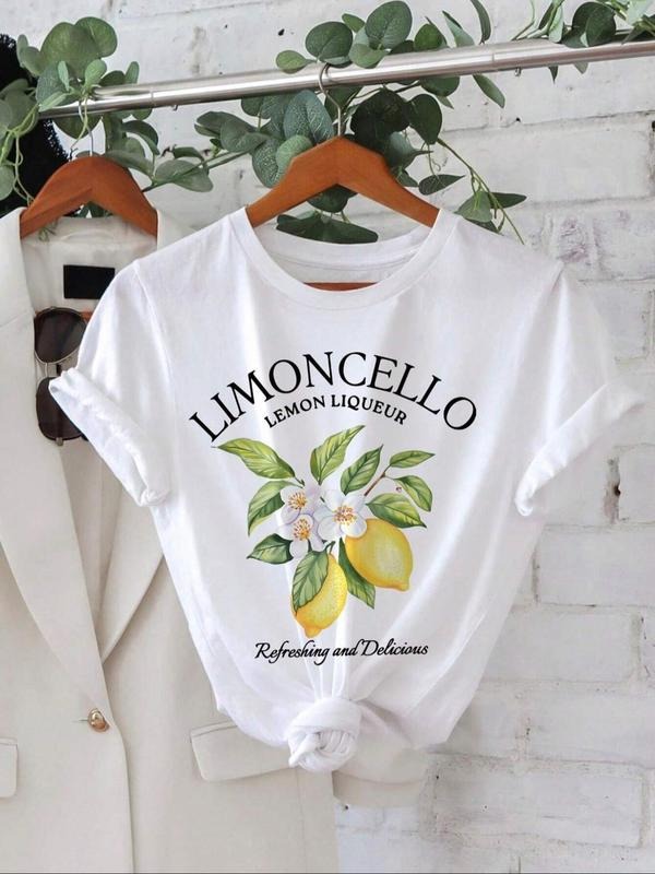 Women'WB shield Lemon & Letter Print Round Neck Tee, Casual Short Sleeve Crew Neck T-shirt for Summer, Fashion Women'WB...