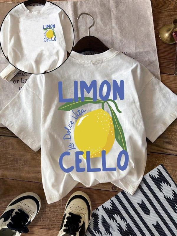 Women'WB shield Lemon & Slogan Print Round Neck Tee, Fashion Casual Crew Neck T-Shirt for Daily Holiday Vacation Outdoor...