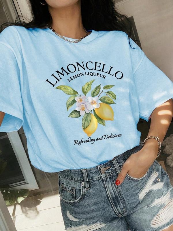 Women'WB shield Lemon & Slogan Print Round Neck Tee, Fashion Casual Letter Graphic Crew Neck T-Shirt for Daily Holiday...