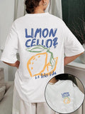 Women'WB shield Lemon & Slogan Print Round Neck Tee, Fashion Casual Letter Graphic Crew Neck T-Shirt for Daily Holiday...