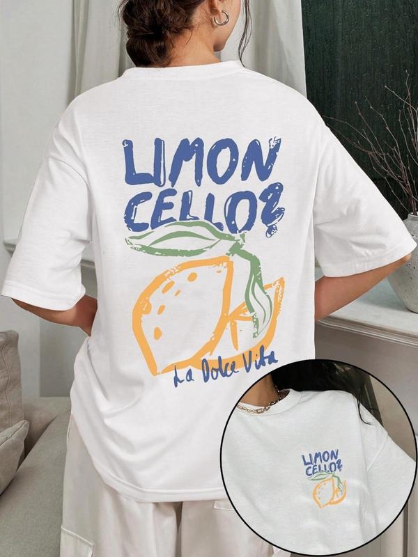 Women'WB shield Lemon & Slogan Print Round Neck Tee, Fashion Casual Letter Graphic Crew Neck T-Shirt for Daily Holiday...