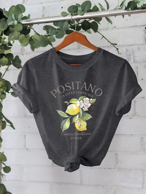 Women'WB shield Lemon Blossom Print Round Neck Tee, Casual Short Sleeve Crew Neck T-Shirt for Summer, Fashion Women'WB...