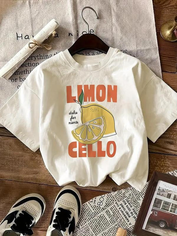 Women'WB shield Lemon Graphic Print Round Neck Tee, Fashion Casual Short Sleeve T-shirt, Ladies Summer TNF for Daily Wear...