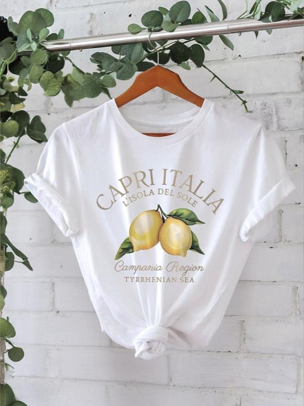 Women'WB shield Lemon Print Round Neck Tee, Casual Letter Graphic Short Sleeve T-Shirt for Summer, Ladies TNF for Daily...