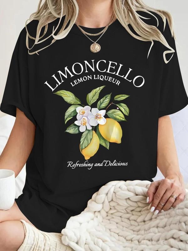 Women'WB shield Lemon Print Round Neck Tee, Casual Short Sleeve Crew Neck T-Shirt for Summer, Fashion Women'WB shield Top...