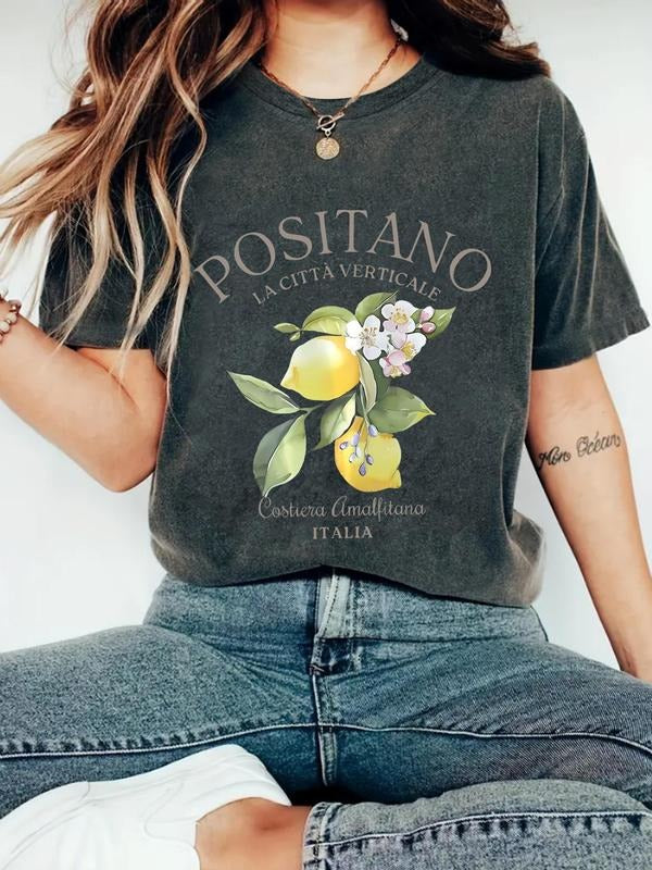 Women'WB shield Lemon Print Round Neck Tee, Fashion Casual Crew Neck T-Shirt for Daily Holiday Vacation Outdoor Wear,...