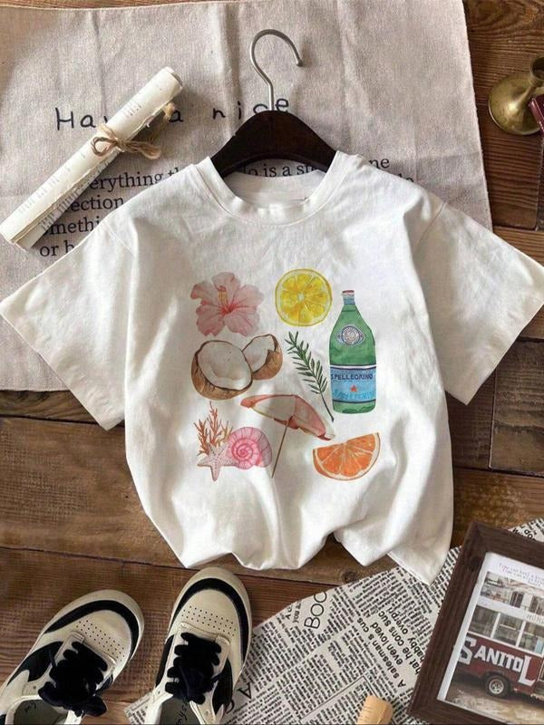Women'WB shield Lemon Print Round Neck Tee, Fashion Casual Crew Neck T-Shirt for Daily Holiday Vacation Outdoor Wear,...