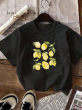 Women'WB shield Lemon Print Round Neck Tee, Fashion Casual Drop Shoulder Short Sleeve T-shirt, Ladies Summer TNF for...