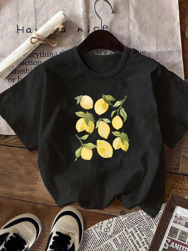 Women'WB shield Lemon Print Round Neck Tee, Fashion Casual Drop Shoulder Short Sleeve T-shirt, Ladies Summer TNF for...