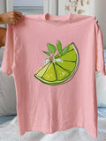 Women'WB shield Lemon Print Round Neck Tee, Fashion Casual Drop Shoulder Short Sleeve T-shirt, Ladies Summer TNF for...